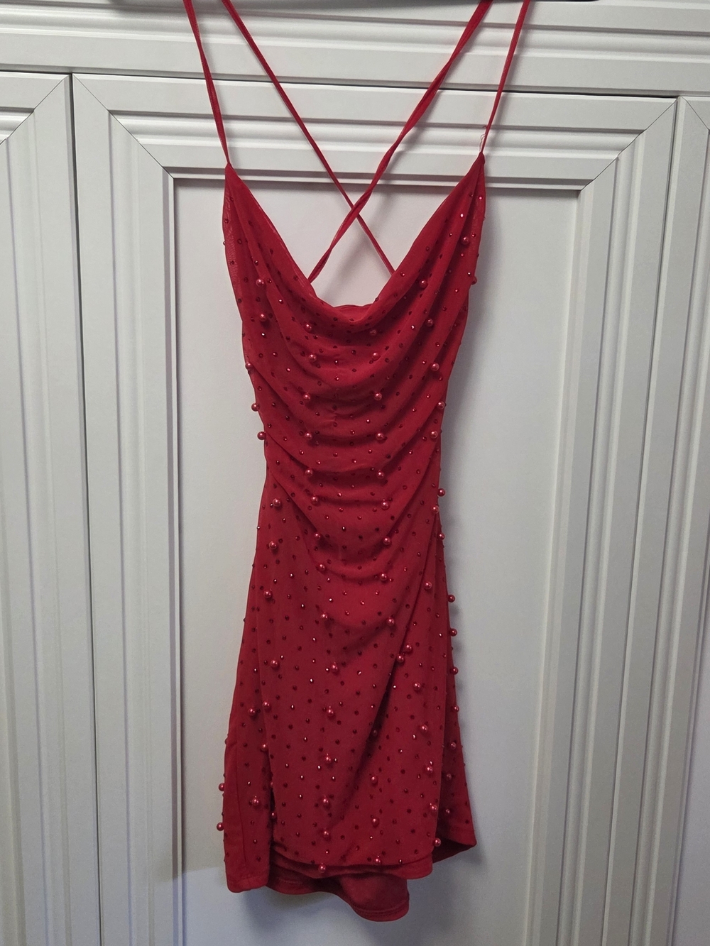 SHEIN Red Beaded Cowl Mini Dress